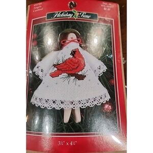 Vintage Cross Stitch Kit Angel CARDINAL Clothespin Ornament Christmas Craft NEW